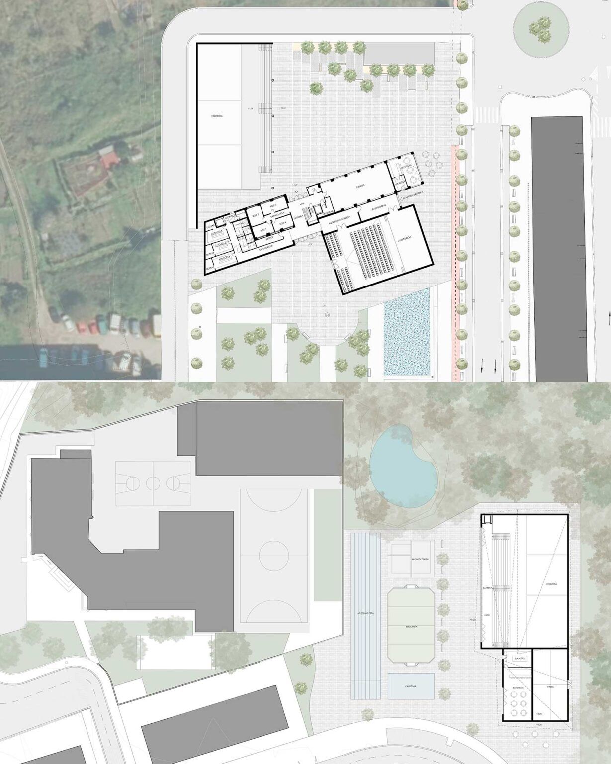 Planos de las dos ubicaciones del nuevo frontón de Orio.