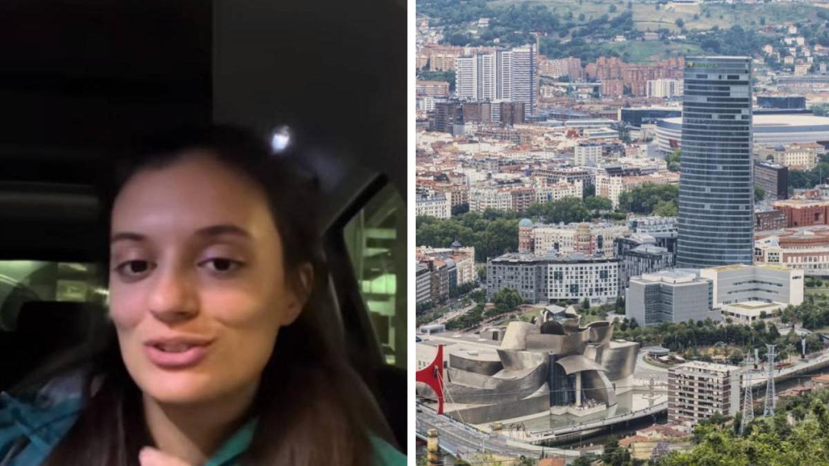 Irene Ugalde en un vídeo que ha subido a redes sociales y una imagen desde las alturas de Bilbao