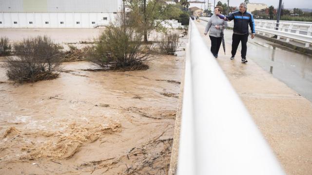 Varias personas observan la crecida del río Magro.