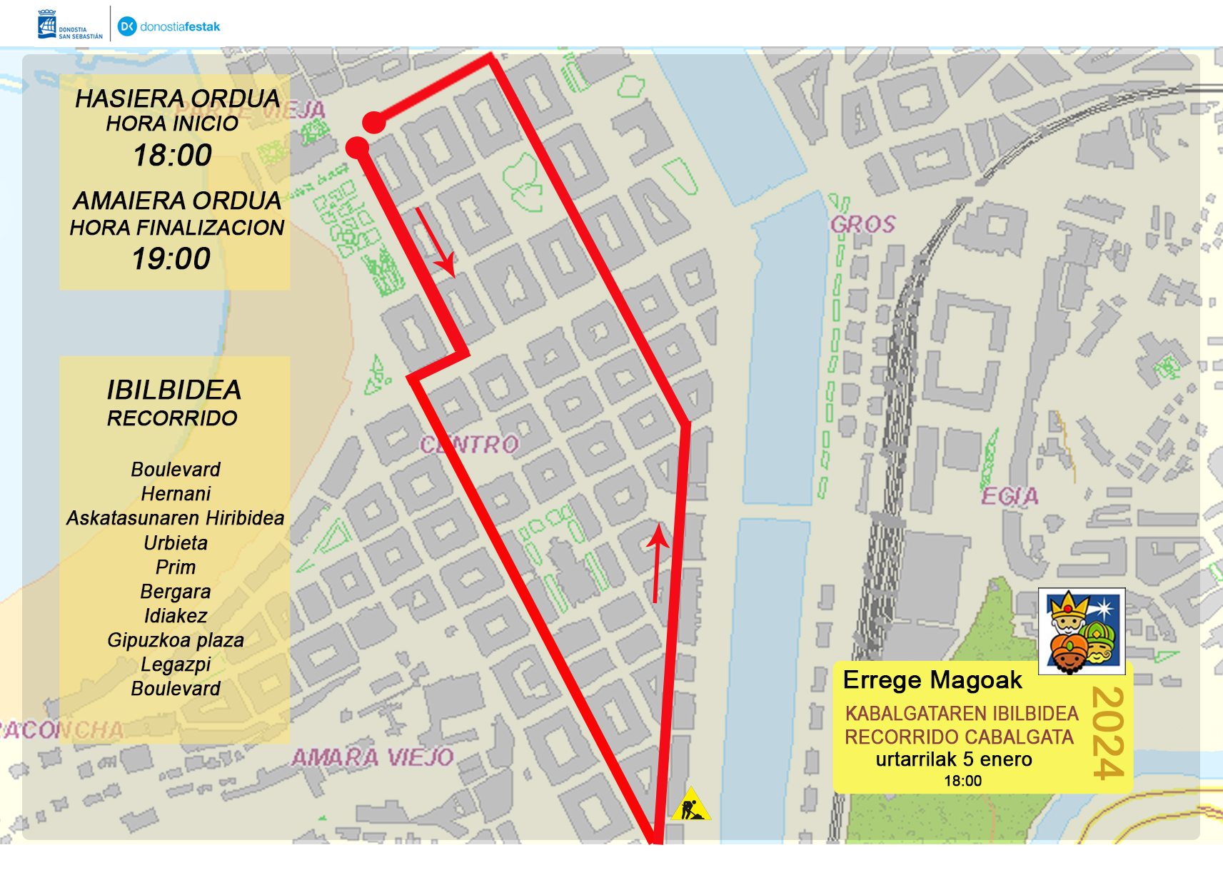 Recorrido de la cabalgara de Reyes 2024 de Donostia Recorrido de la cabalgara de Reyes 2024 de Donostia