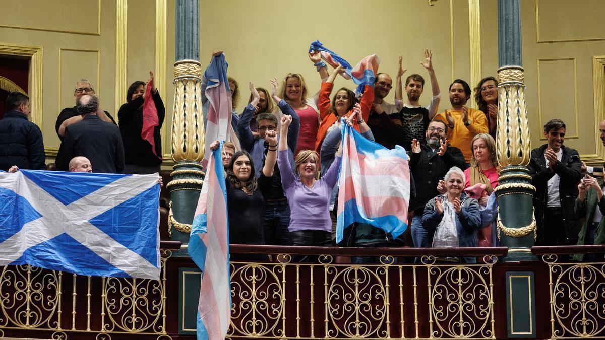 Los colectivos trans celebran la aprobación de la Ley Trans en el Congreso.