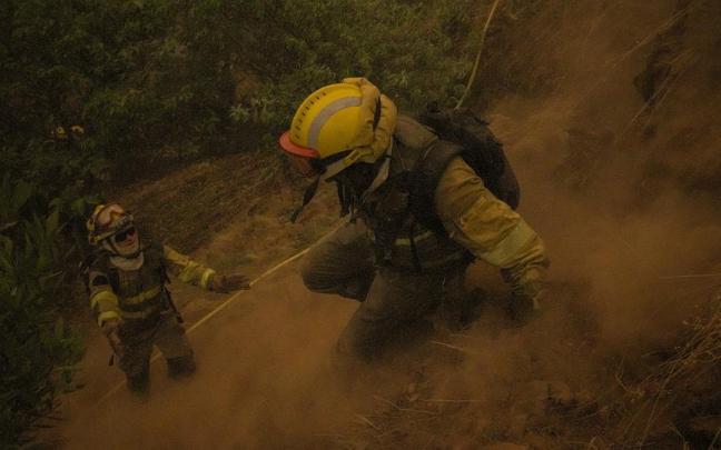 Varios bomberos forestales tratan de extinguir un fuego.