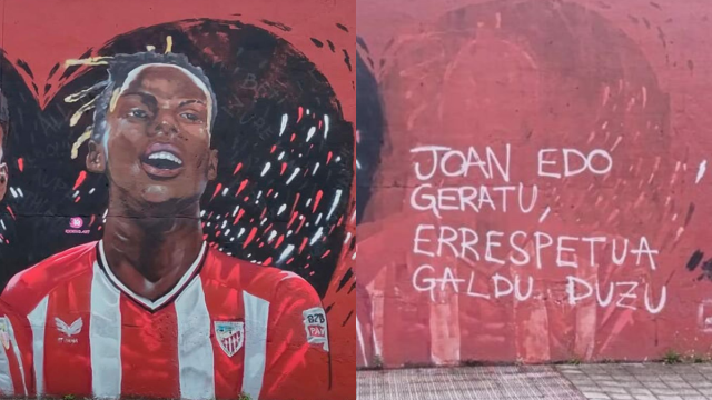 Antes y después de la imagen de Nico Williams en el mural situado en Lutxana