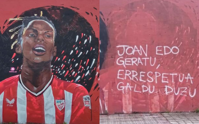 Antes y después de la imagen de Nico Williams en el mural situado en Lutxana