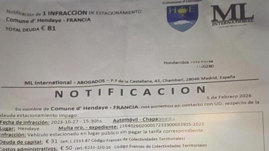 Multa de aparcamiento de Hendaia, publicada por el Ayuntamiento de Hondarribia / H.U.