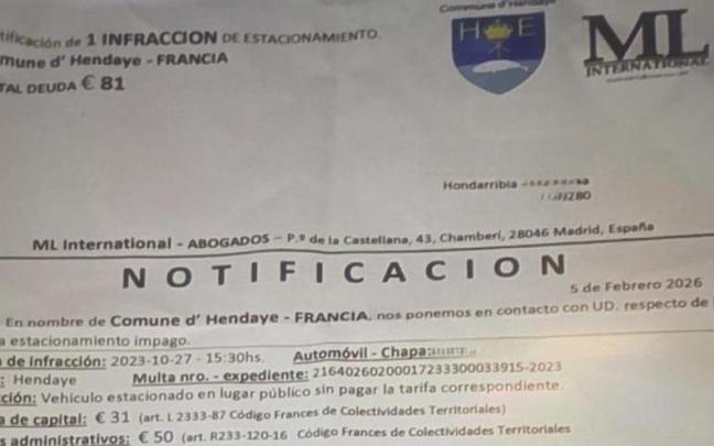 Multa de aparcamiento de Hendaia, publicada por el Ayuntamiento de Hondarribia / H.U.