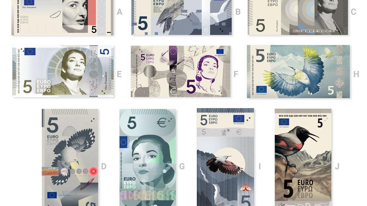 Las diez propuestas preseleccionadas de los nuevos diseños de los billetes de euros mostrados en los billetes de cinco euros.