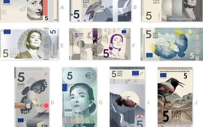 Las diez propuestas preseleccionadas de los nuevos diseños de los billetes de euros mostrados en los billetes de cinco euros.