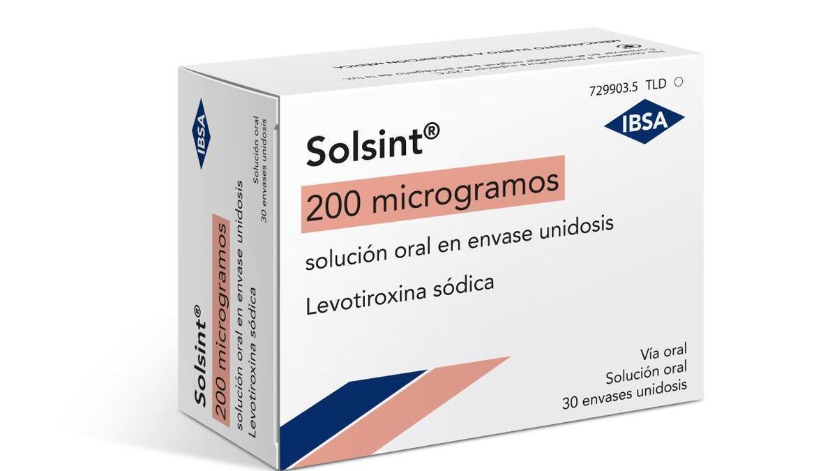 'Solsint' (levotiroxina sódica), del laboratorio IBSA, utilizado contra el hipotiroidismo y el hipertiroidismo.