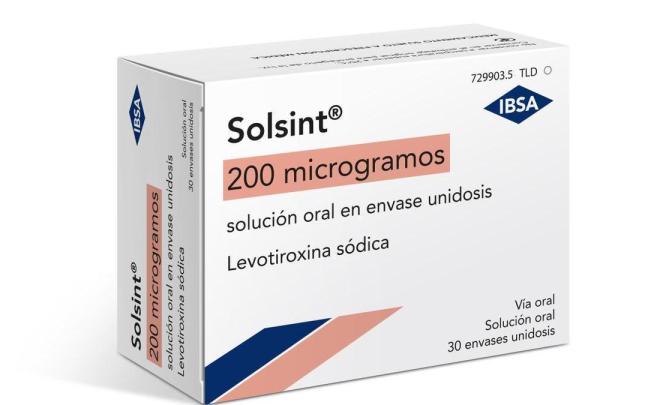 'Solsint' (levotiroxina sódica), del laboratorio IBSA, utilizado contra el hipotiroidismo y el hipertiroidismo.