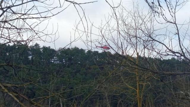 Helicóptero del Gobierno de Navarra este jueves en las labores de búsqueda, con el pinar de Zizur al fondo. / DIARIO DE NOTICIAS