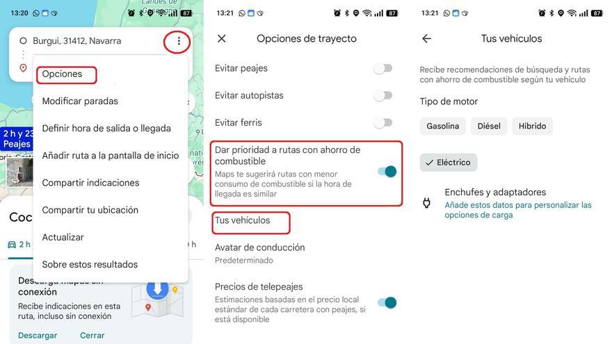 Así se activa el filtro eco: pinchar en los tres puntos verticales, seleccionar 'Opciones', activar 'Dar prioridad a rutas con ahorro de combustible', seleccionar 'Tus vehículos' y elegir la motorización..
