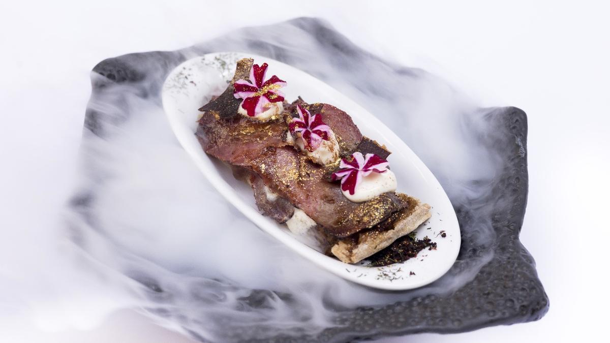 Foto del pintxo ‘Delicias del bufón’ con el que Gorka Irisarri competirá en la final del XVII Concurso de Pinchos y Tapas Medievales.