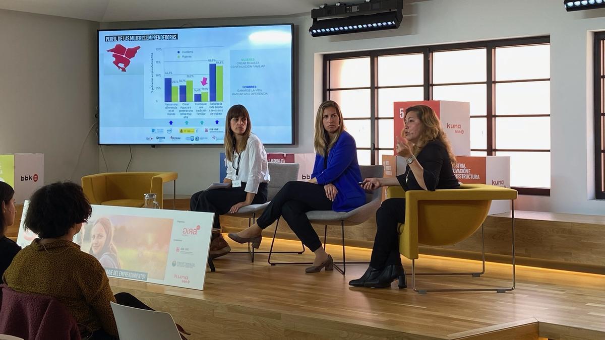 Ane Epalza, en el centro, y María Saiz, a la derecha, durante el encuentro en BBK Kuna.