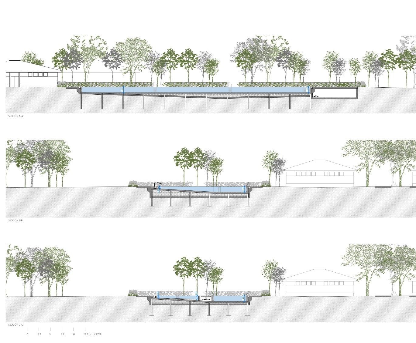 Otra vista de los tres vasos de piscinas recogidos en el proyecto básico