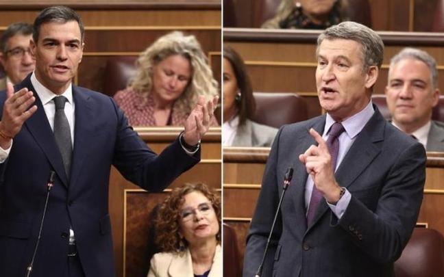 El presidente del Gobierno español, Pedro Sánchez, y el presidente del PP, Alberto Núñez Feijóo, en el Congreso en una imagen de archivo. / EP El presidente del Gobierno español, Pedro Sánchez, y el presidente del PP, Alberto Núñez Feijóo, en el Congreso en una imagen de archivo.