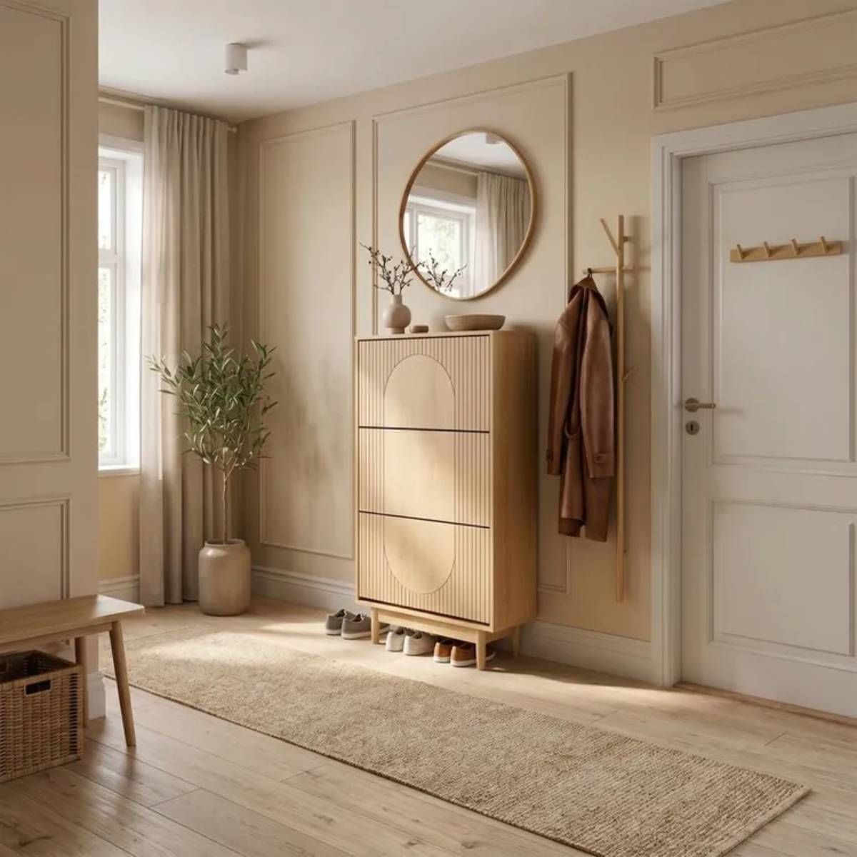 Un zapatero de madera aporta un toque acogedor al recibidor y combina funcionalidad y decoración.