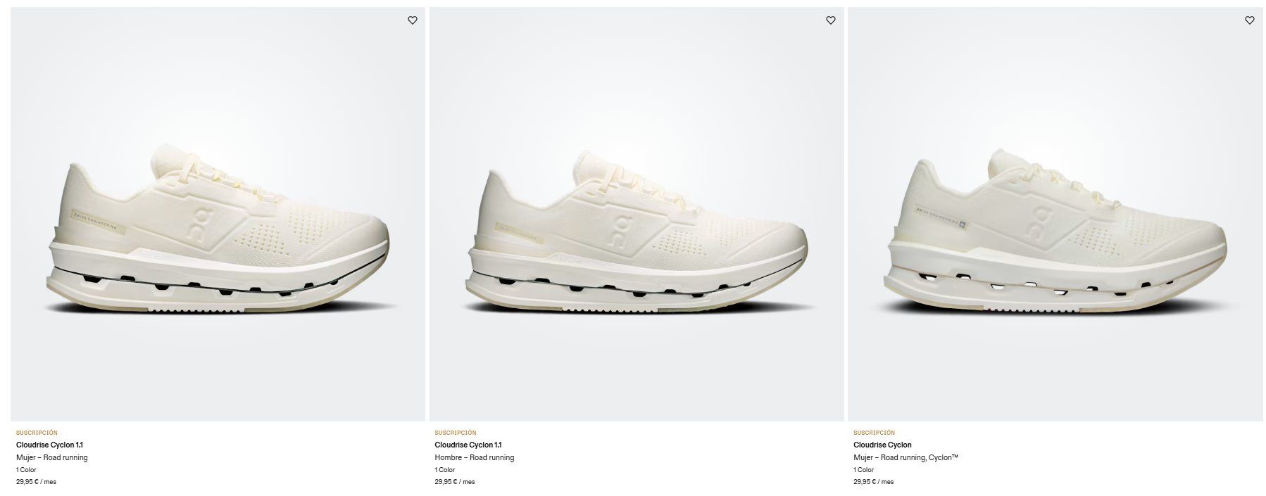 Tres deportivas modelo Cloudrise en la web de la firma.