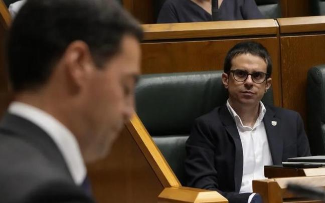 El portavoz de EH Bildu Pello Otxandiano observa al lehendakari Pradales, en el Parlamento Vasco / Efe El portavoz de EH Bildu Pello Otxandiano observa al lehendakari Pradales, en el Parlamento Vasco
