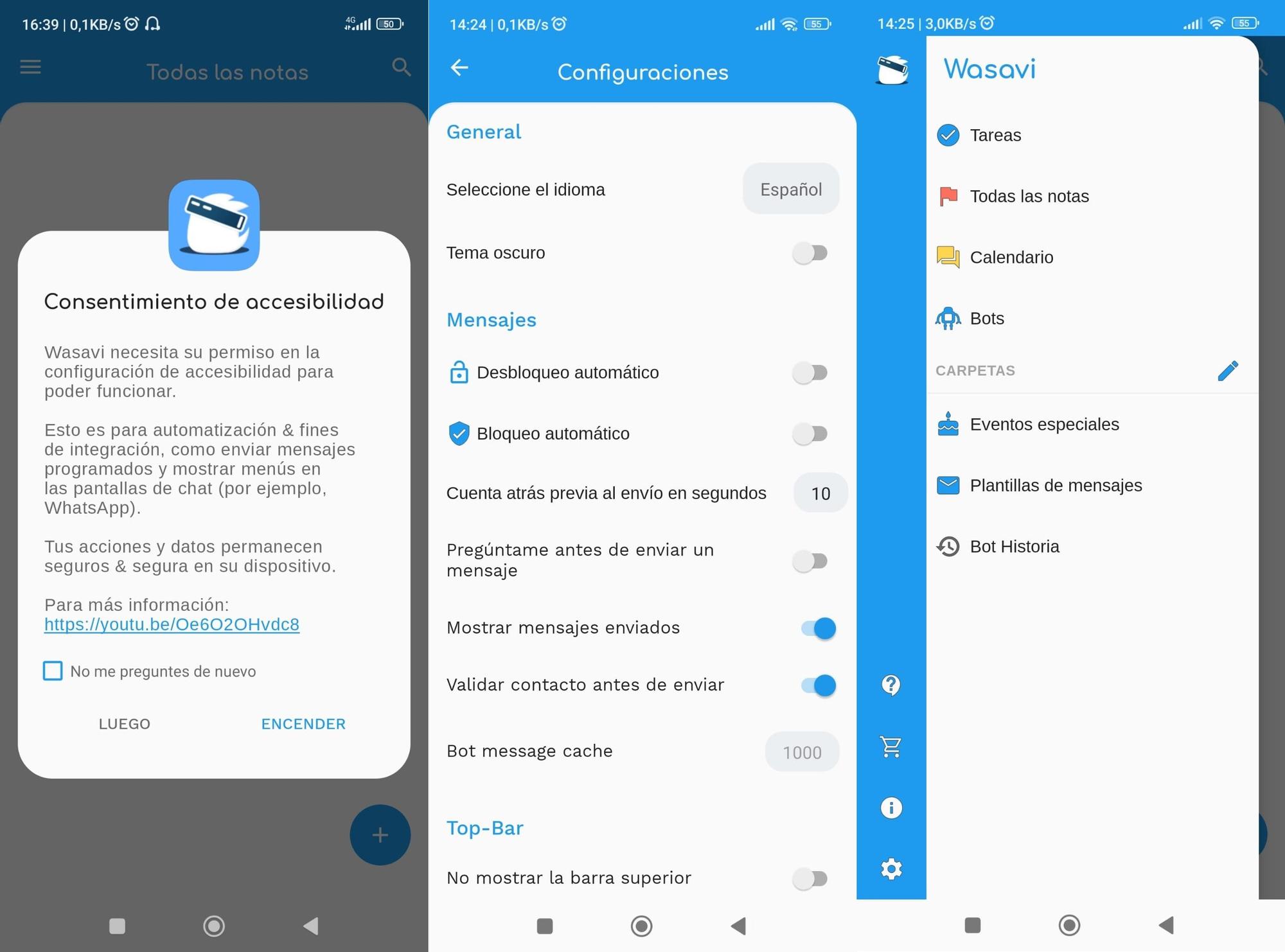 Pantallas de configuración e inicio de la aplicación para movíl Wasavi.
