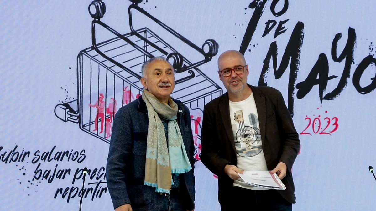 Pepe Álvarez y Unai Sordo, en la presentación de los actos del Primero de Mayo.