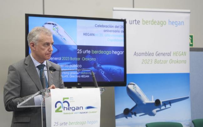 Urkullu en el acto de conmemoración del 25 aniversario del Clúster de Aeronáutica y Espacio del País Vasco, Hegan.