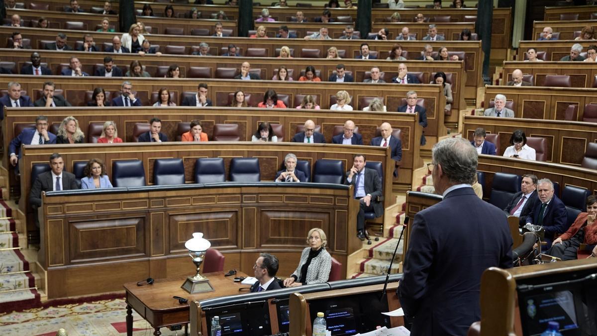 El presidente del PP, Alberto Núñez Feijóo, interviene durante una sesión plenaria, en el Congreso de los Diputados