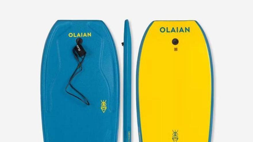 La tabla bodyboard 100 de color azul amarillo con leash muñeca de Olaian, a la venta en Decathlon