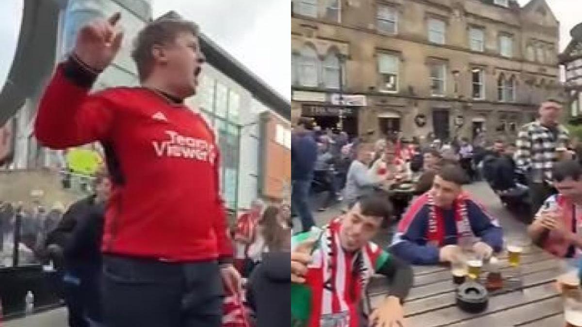 Un aficionado del Manchester United, completamente mimetizado con los colores y cánticos del Athletic, se une a los hinchas rojiblancos en un canto vibrante.