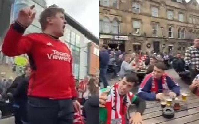 Un aficionado del Manchester United, completamente mimetizado con los colores y cánticos del Athletic, se une a los hinchas rojiblancos en un canto vibrante.