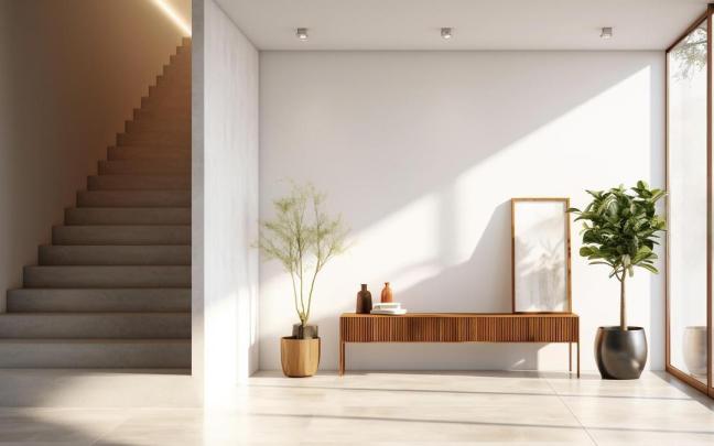 Minimalista recibidor en color blanco con luz natural.