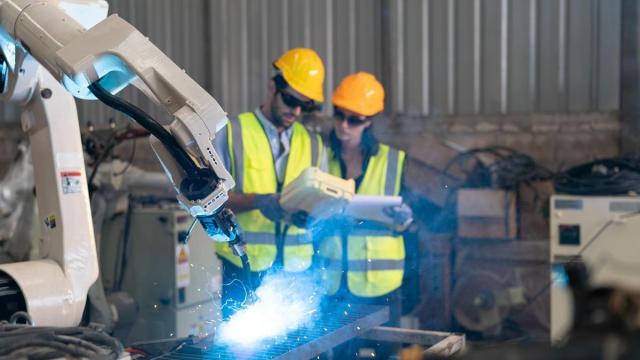 Un brazo robótico desempeña su labor en una fábrica.