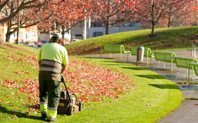 Un jardinero corta el césped en un parque.