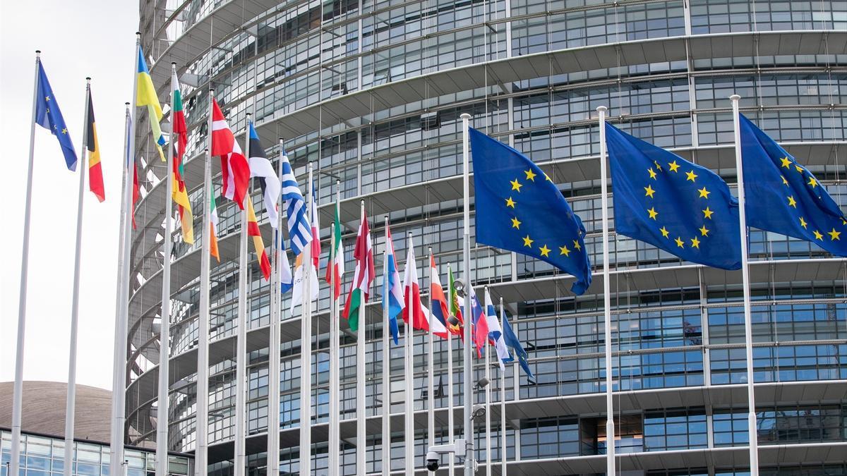 Banderas de la UE y sus Estados miembro frente al Parlamento Europeo en Estrasburgo, Francia.