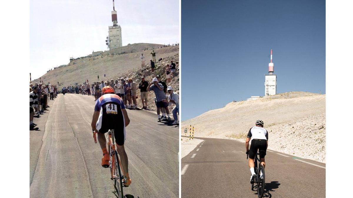El ciclista Iban Mayo sube al Mont Ventoux en 2004 y en la actualidad.