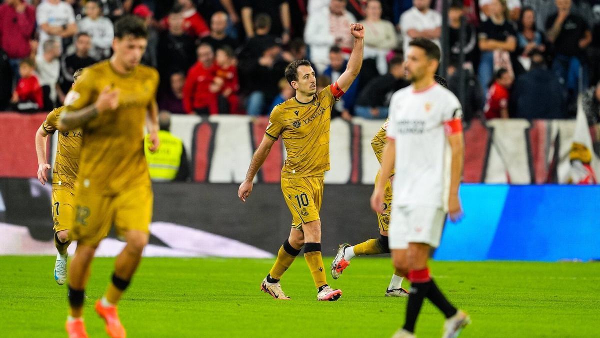 Mikel Oyarzabal celebra el tanto de penalti que logró el domingo pasado contra el Sevilla. / EUROPA PRESS