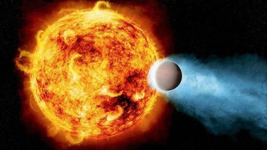Ilustración de una joven estrella similar al Sol que erosiona parte de la atmósfera de un planeta en órbita.