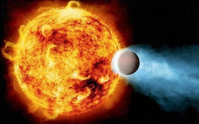 Ilustración de una joven estrella similar al Sol que erosiona parte de la atmósfera de un planeta en órbita.