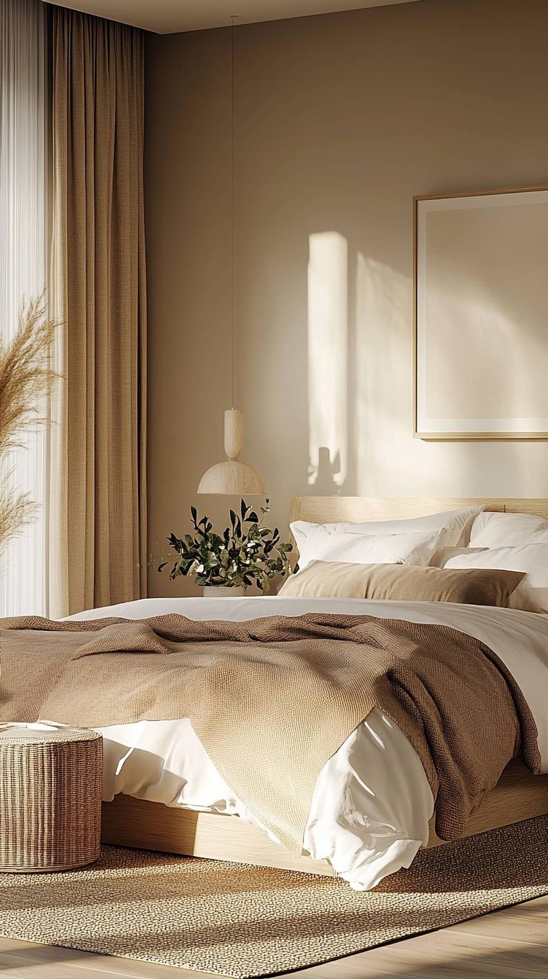 Ropa de cama con diferentes texturas y accesorios decorativos con materiales naturales como la madera o el ratán.