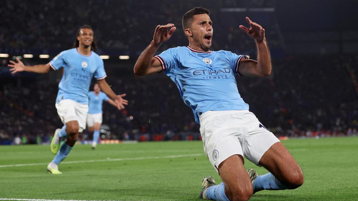 Rodri celebra su gol en la final de la Champions.