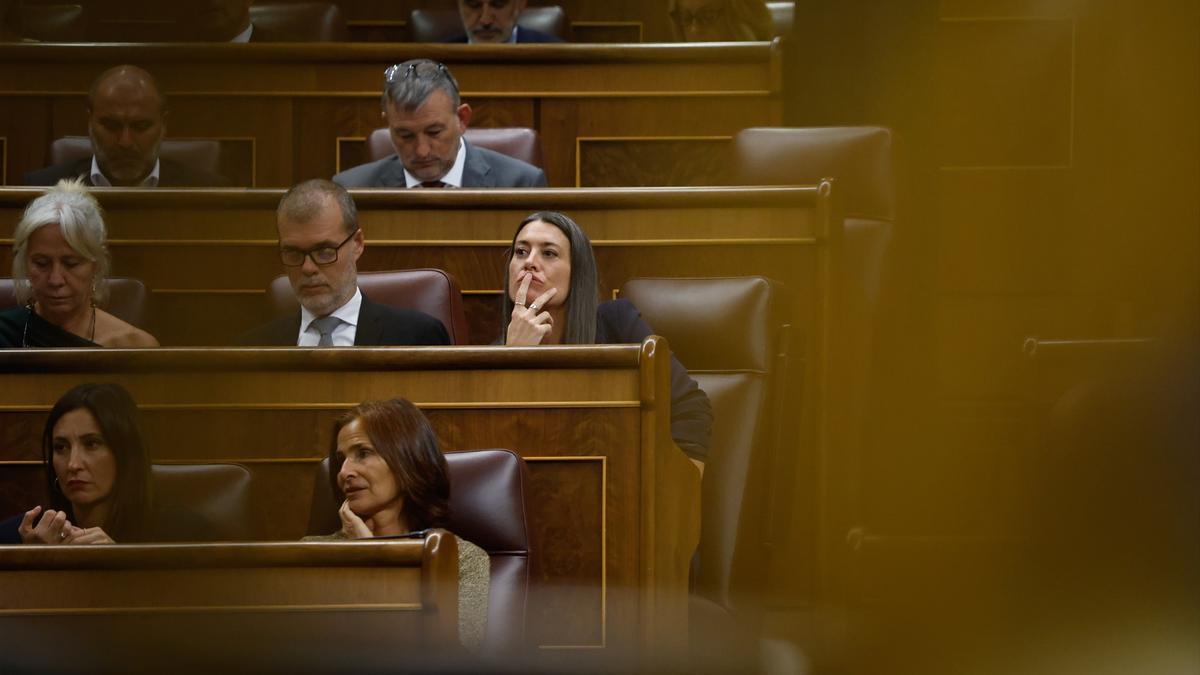 En segunda fila, el diputado de Junts Josep Maria Cruset, y la portavoz de Junts en el Congreso, Miriam Nogueras, durante el pleno del Congreso.