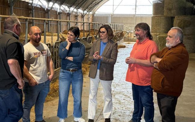 Carlos Ibarrondo, Ibon Lasuen, Arantza Atutxa, Elixabete Etxanobe, Unzalu Salterain y Martín Uriarte, conversan durante la visita a la explotación ganadera.