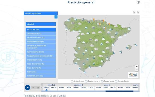 Mapa de la Aemet con la predicción meteorológica para el próximo sábado Mapa de la Aemet con la predicción meteorológica para el próximo sábado