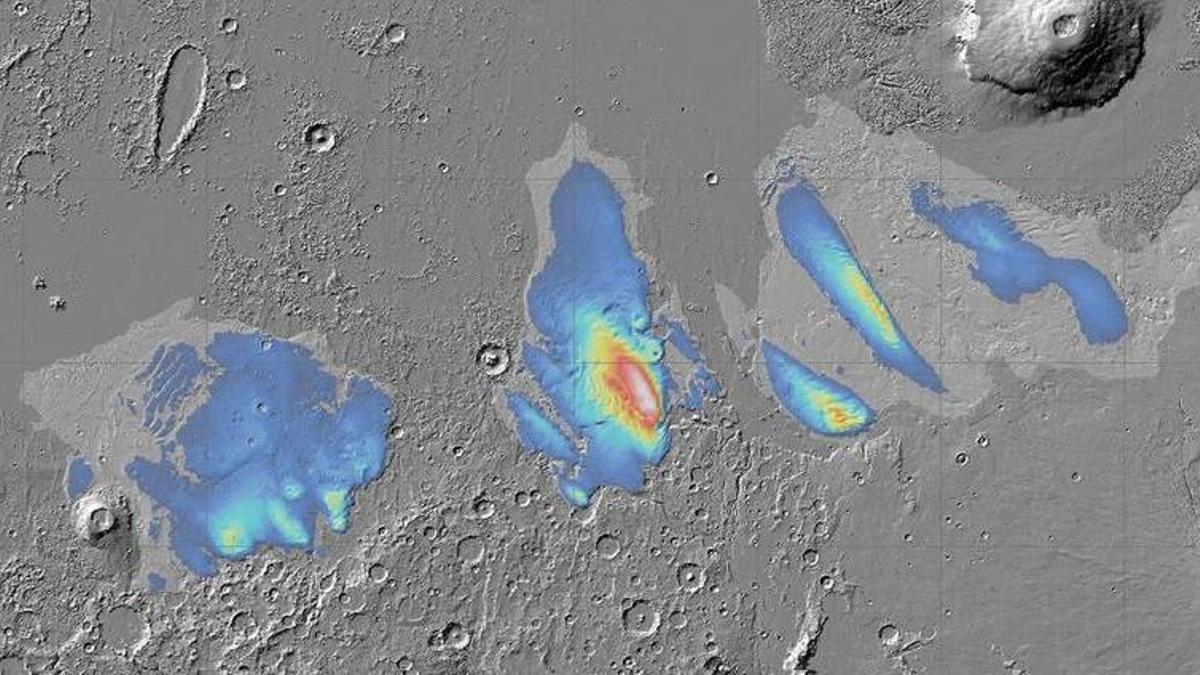Mapa de espesor potencial del hielo descubierto en el ecuador de Marte.