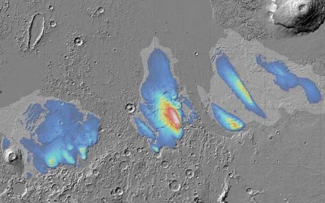 Mapa de espesor potencial del hielo descubierto en el ecuador de Marte. / ESA Mapa de espesor potencial del hielo descubierto en el ecuador de Marte.