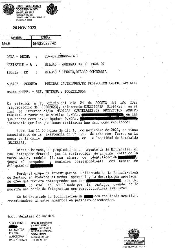 Atestado que envió la Ertzain-Etxea de Bilbao al juzgado.