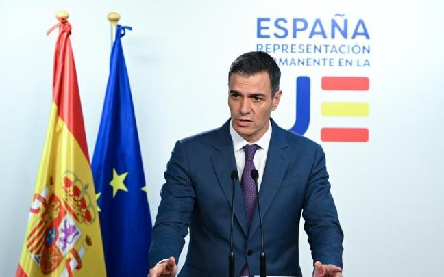 Pedro Sánchez durante la rueda de prensa en la que ha defendido a García Ortiz en el marco de la cumbre europea. / EFE Pedro Sánchez durante la rueda de prensa en la que ha defendido a García Ortiz en el marco de la cumbre europea.