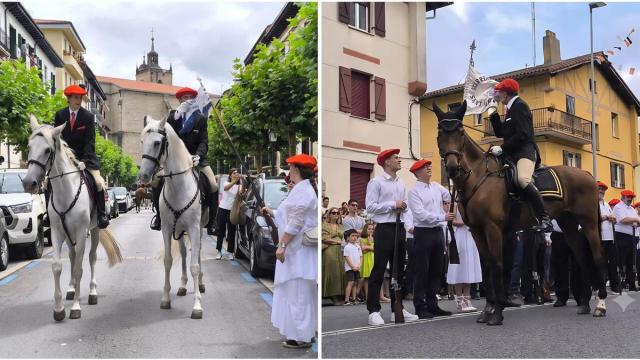 El general del Alarde público, Patxi Pérez, y el del Alarde tradicional, Javier García Nieto, haciendo la revista de armas en Santiago