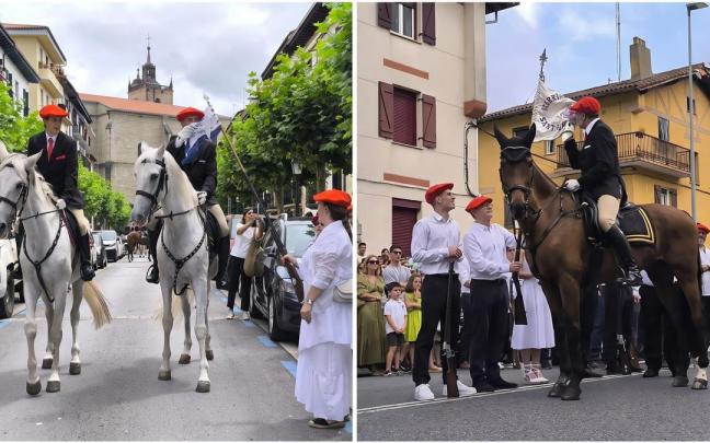 El general del Alarde público, Patxi Pérez, y el del Alarde tradicional, Javier García Nieto, haciendo la revista de armas en Santiago