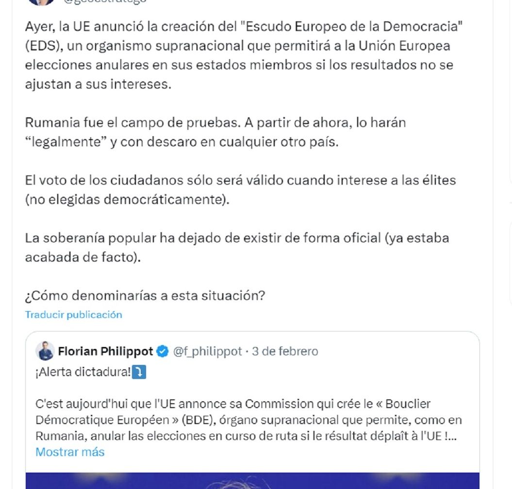 Uno de los mensajes que ha circulado acusando a la UE de querer anular elecciones celebradas en países socios.